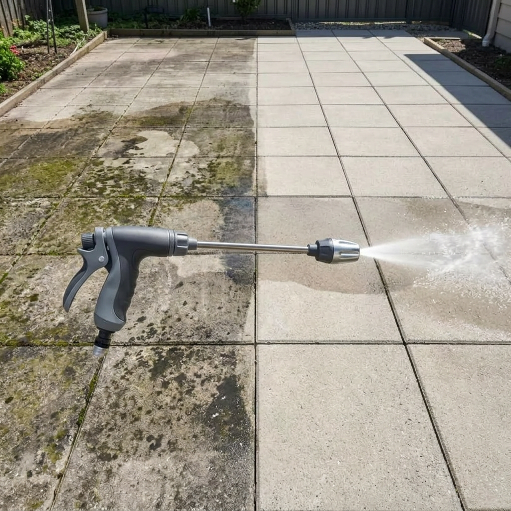 Side-by-side before and after of a patio slab cleaned with the Jetterix nozzle