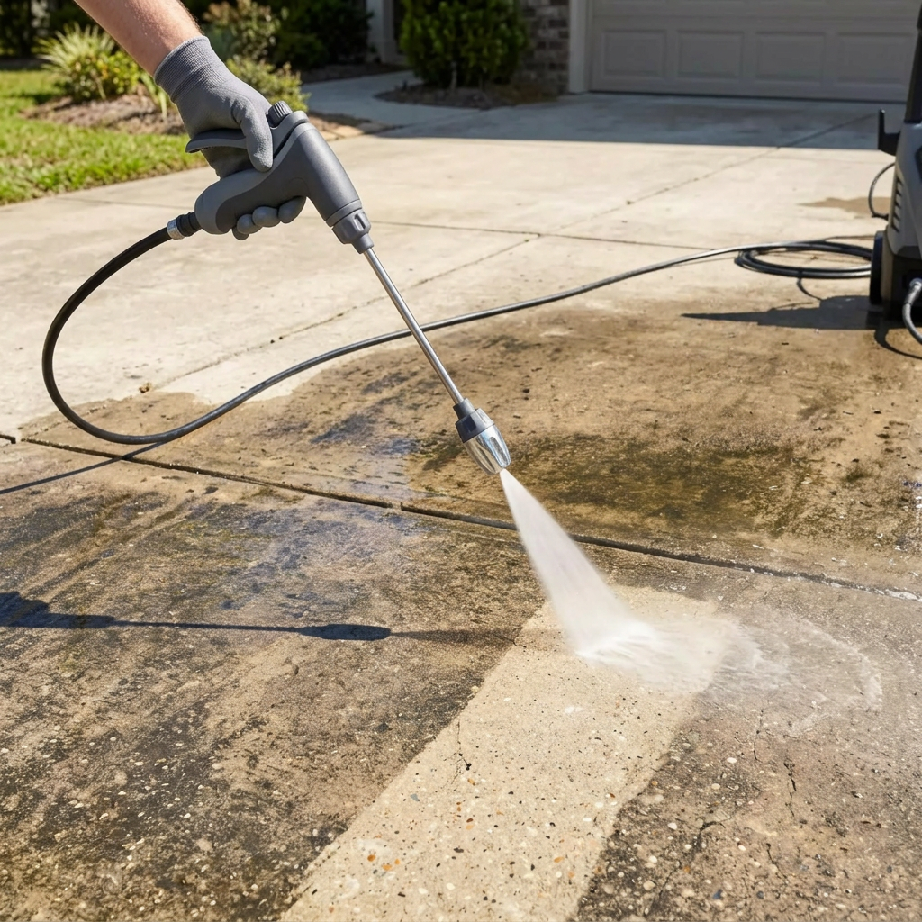 The Jetterix nozzle photographed on a concrete driveway during testing